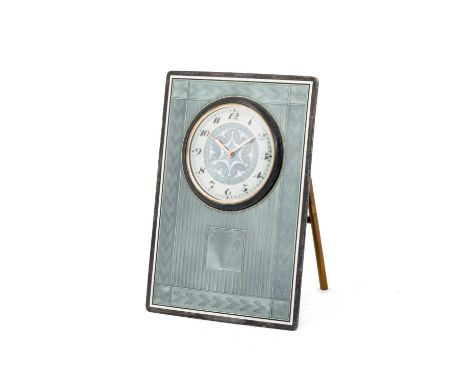 A SWISS SILVER AND ENAMEL STRUT CLOCK, EARLY 20TH CENTURY rectangular, decorated with blue guilloché enamel, the dial with Ar
