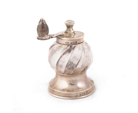 A GEORGE V SILVER-MOUNTED GLASS PEPPER GRINDER by John Grinsell &amp; Sons, Birmingham 1932, the bulbous glass body wrythen-m