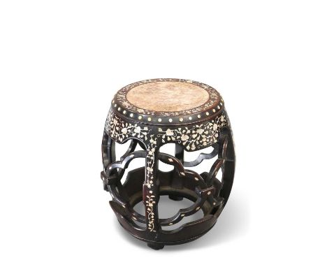 A 19TH CENTURY CHINESE MOTHER-OF-PEARL INLAID HARDWOOD BARREL-SHAPED JARDINIÈRE STAND inlaid with foliage, with openwork side