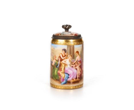 A VIENNA CLARET-GROUND GILT-METAL MOUNTED LIDDED TANKARD, CIRCA 1880 painted with the 'Toilette der Venus', titled to the und