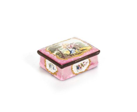 A LARGE BILSTON ENAMEL TABLE SNUFF BOX, CIRCA 1765 rectangular, the hinged cover decorated with The Haymakers after Sadler, t