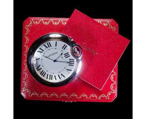 A CARTIER BALLON BLEU DESK CLOCK circular white dial signed Cartier with Roman index and inner minute track, luminous hands a