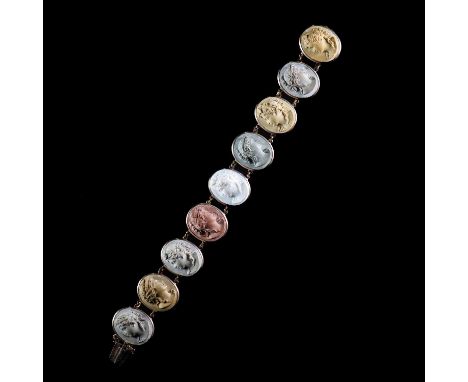 AN ITALIAN GRAND TOUR VARI-HUE LAVA CAMEO BRACELET each panel relief carved depicting a female profile, in unmarked yellow me