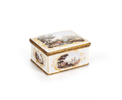 A LARGE BILSTON ENAMEL TABLE SNUFF BOX, CIRCA 1765 rectangular, the hinged slightly domed cover decorated with a landscape vi