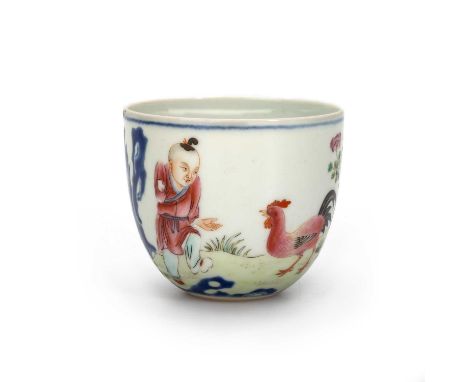 A CHINESE FAMILLE ROSE 'CHICKENS' CUP circular, enamel painted with a figure and chickens, bears seal mark in underglaze blue