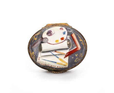 A SOUTH STAFFORDSHIRE ENAMEL BONBONNIÈRE, CIRCA 1765-1770 modelled in relief with an artist's palette, paintbrush, set square