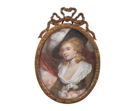 19TH CENTURY ENGLISH SCHOOL PORTRAIT MINIATURE OF MRS ROBINSON (POSSIBLY AFTER GAINSBOROUGH)  § On ivory, in a yellow metal f