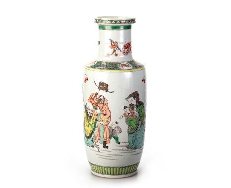 A CHINESE FAMILLE VERTE ROULEAU VASE enamel painted with figures, bears a label and wax seal on the underside. 50cm highIn go