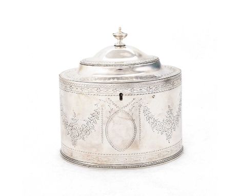 A GEORGE III SILVER TEA CADDY by Hester Bateman, London 1787, oval, the domed cover with flush hinge and urn-form finial, bri