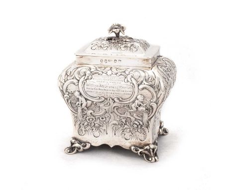AN EARLY VICTORIAN SCOTTISH SILVER TEA CADDY by James McKay, Edinburgh 1837, of bombe form, the hinged domed cover with a flo