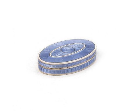 A CONTINENTAL LILAC BLUE ENAMEL BOX, CIRCA 1900 unmarked, oval, the cover decorated with central cartouche enclosed within ba