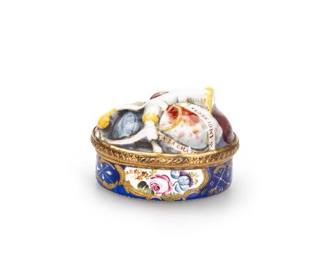 A SOUTH STAFFORDSHIRE ENAMEL HUNTING BONBONNIÈRE, CIRCA 1765-1770 oval-shaped and moulded in high relief with hunting trophie