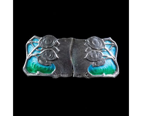 AN ART NOUVEAU SILVER AND ENAMEL BELT BUCKLE, DESIGNED BY DAVID VEASEY 'Tree of Life' design with blue/ green enamel, by Will
