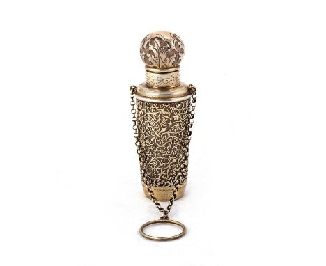 A 19TH CENTURY FRENCH SILVER-GILT SCENT BOTTLE the hinged bulbous cover chased with leaves, the tapering body pierced with a 
