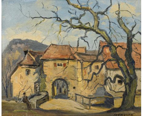                     UMGELTER,             Hermann(1891 Botnang - 1962 Stuttgart)    "Ruine Lauterburg"Öl/Hartfaser. Rechts un