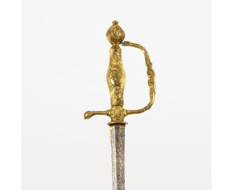 Eleganter Degen. Wohl Ende 17. Jahrhundert.             Klinge L 73, Gesamt L 87 cm.             Gerade, zweischneidige Kling