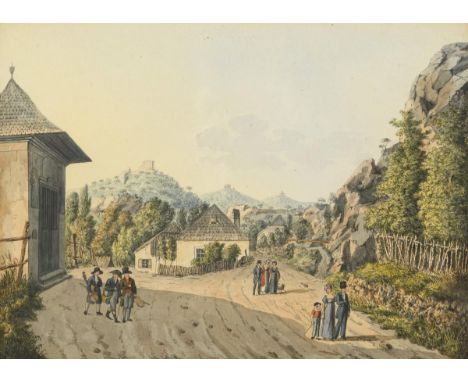                     MOHN,             Ludwig (1797 Halle - 1857 Wien)    Biedermeier-Landschaft mit StaffageAquarell über Lit