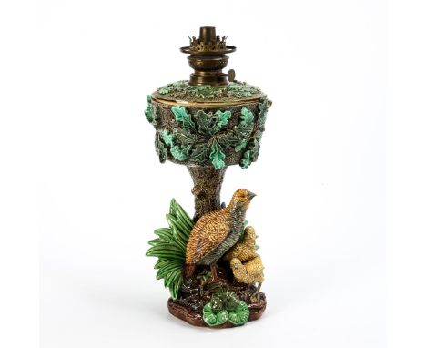 Petroleumlampe mit Vögeln. Hugo Lonitz & Co., Neuhaldensleben. Pressmarke, vor 1885-vor 1910. Modell-Nr. 1 12 03.            
