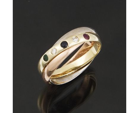 Smaragd-Saphir-Rubin-Brillant-Ring.             585er Gelbgold/Rotgold/Weißgold. Ringgröße: 57. 6 Gramm.             Kleiner 