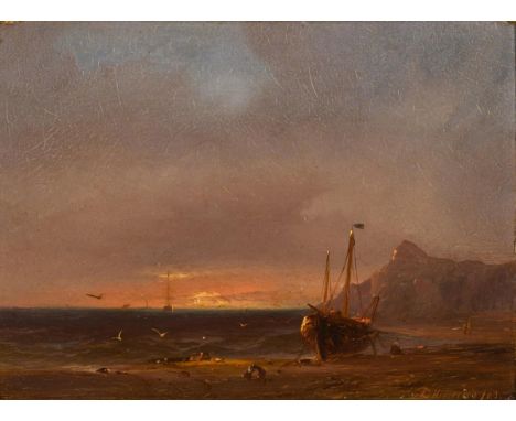                     HILLEVELD,             Adrianus David(1838 Amsterdam - wohl 1869 Rotterdam)    Sonnenuntergang an der Küs