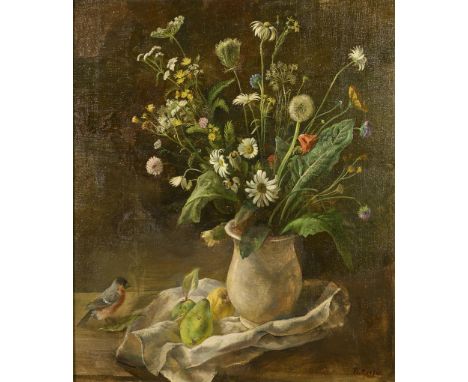                     REEGER,             Hans Rudolph (1883 Kiel - 1965)    Blumenstillleben mit DompfaffÖl/Leinwand. Rechts u