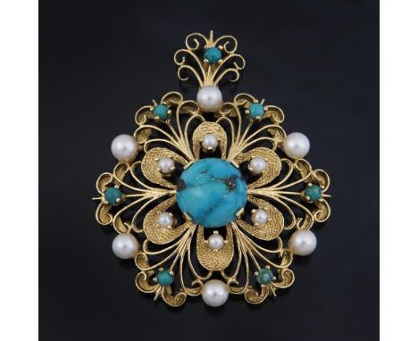 Türkis-Perlchen-Brosche.             585er Gelbgold (14 kt). Länge: 4,5 cm. 10,5 Gramm.             Aufwendig durchbrochen ge