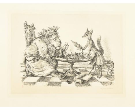                     WEBER,             Andreas Paul (1893 Arnstadt - 1980 Schretstaken)    "Löwe und Fuchs beim Schach I"Lith