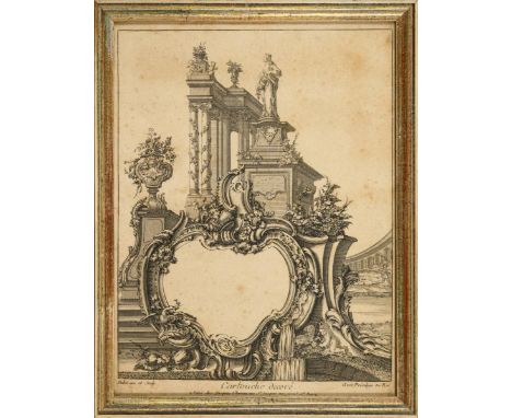             4 Bildtafeln mit barocken Ornamenten4 Kupferstiche.         Gerahmt & hinter Glas.            2 Bildtafeln aus Pa