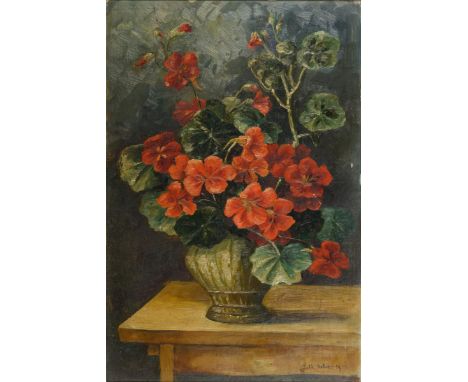                     NEHER,             Julie    Stillleben mit GeranienÖl/Malkarton. Rechts unten signiert. 1913. 52,5 x 35 c