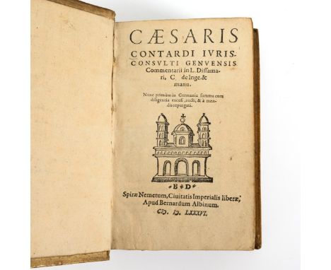            2 sehr frühe juristische Schriften in einem Band16,5 x 12 cm.             Contardo, Cesare: "Commentarii in l(ege