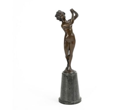                     IFFLAND,             Franz    MädchenaktBronze patiniert, hoher Serpentin-Sockel. Bezeichnet. H 24 / 35 c