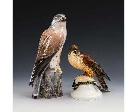 2 Greifvögel. 2. H. 20. Jh.             Unterglasurbemalung.             1x PORCELAINSFABRIKEN DANMARK: monogrammiert und dat