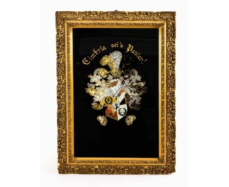 Dekoratives Hinterglasbild mit Burschenschafts-Wappen Cimbria Würzburg. Um 1900.             Farbloses Glas mit Hinterglasmal