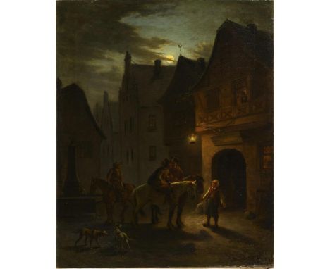                     DITTMANN,             Edmund    Landsknechte vor der SchenkeÖl/Leinwand. Rechts unten signiert, verso bez