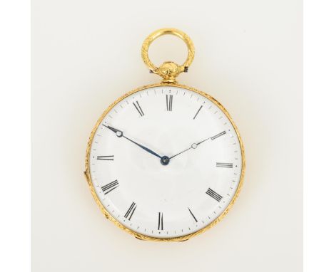             Goldene Zylindertaschenuhr. Mitte 19. Jh. Gehäuse-Nr. 34834, Werk-Nr. 7500. Werk mit Zylinderhemmung und Schlüsse