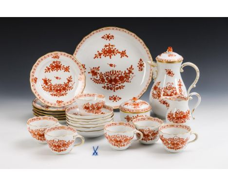 Kaffeeservice "Korallenrote indische Malerei". Meissen. Schwertermarke, 2. H. 20. Jh., 1. Wahl.Korallenrote Malerei, Goldstaf