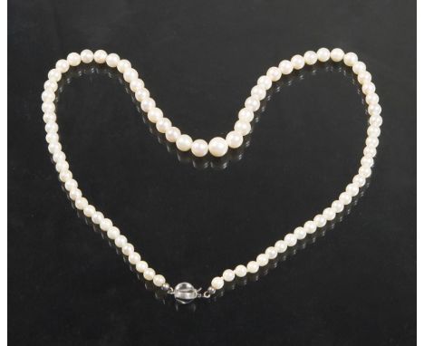 Perlen-Collier.             585er Weißgold-Schließe (14 kt). Länge: 44,5 cm.             80 Zuchtperlen ø 4-7,7 mm, Kugelschl