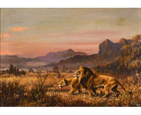                     HOY,             E.J.    LöwenpaarÖl/Leinwand. Rechts unten signiert. 1928. 25,5 x 35,5 cm. Gerahmt : 35 