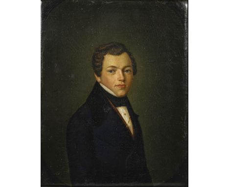             Biedermeier HerrenbildnisÖl/Leinwand. Unsigniert. Mitte 19. Jh. 30 x 24 cm. Gerahmt : 34 x 28 cm (Goldrahmen).   