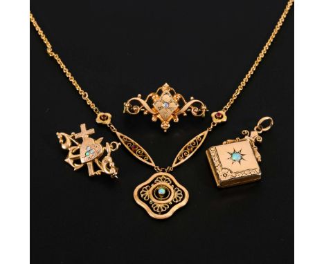 4 Schmuckstücke um 1900.             Tombak. Collier L 47,5 cm. 2 x 1,8 / 3,2 x 2,3 / 3 x 1,9 cm. 16,4 g.             Collier