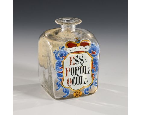 Kleine barocke Apothekenflasche. 2. H. 18. Jh. Deutschland.             Farbloses, leicht graustichiges und blasiges Glas, po