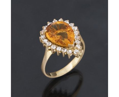 Citrin-Zirkon-Ring.             585er Gelbgold (14 kt). Ringgröße: 53/54. 5 Gramm.             Tropfenförmiger facettierter C