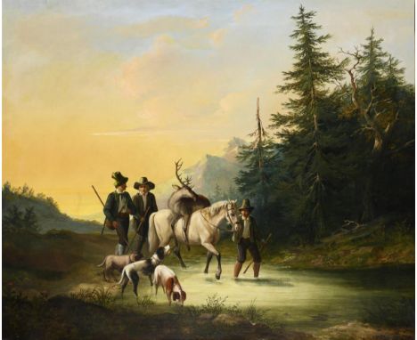                     REINHARDT    Jäger mit HirschÖl/Leinwand. Mittig unten signiert. Ende 19. Jh. 78 x 93,5 cm. Gerahmt : 95 