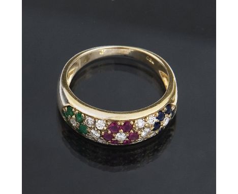 Saphir-Rubin-Smaragd-Diamant-Ring.             750er Gelbgold (18 kt). Ringgröße: 50. 3,4 Gramm.             6 kleine Saphire