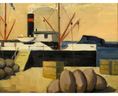             Dampfer im HafenÖl/Leinwand/Hartfaser. Unsigniert, verso monogrammiert. 1930. 37 x 46 cm. Gerahmt : 47 x 57 cm (h