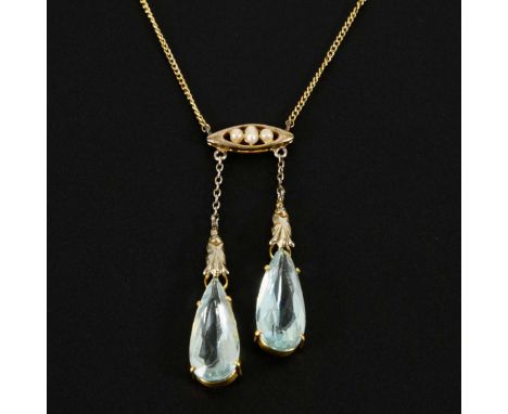 Jugendstilcollier mit Aquamarinen? in altem Etui.             Gelbgold/Weißgold 585 geprüft. Kette 585 gestempelt3,4 g. Anhän