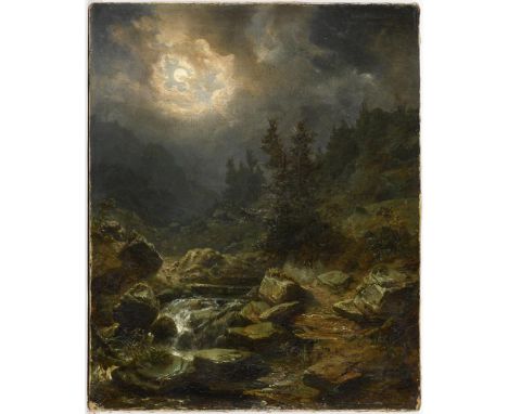                     DALLWIG,             Heinrich (1811 Kassel - München 1857)    Gebirgsbach bei VollmondÖl/Leinwand. Rechts