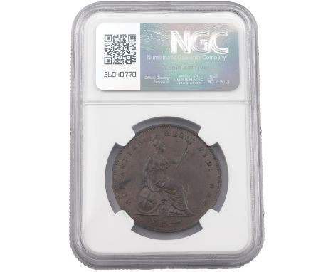 1854 Queen Victoria copper Penny with ornamental trident graded MS 64 BN (S 3948). Obverse: first portrait bust of Victoria b