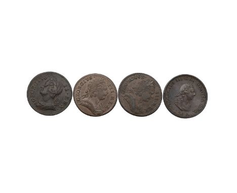 Four (4) King George II and King George III copper Farthings. Includes (1) 1746 Farthing, S 3722, gF, (2) 1773 Farthing S 377