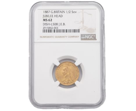 1887 imperfect J gold Half Sovereign graded MS 62 by NGC (S 3869, Marsh 478C, DISH L508). Obverse: 'Jubilee Head' portrait of